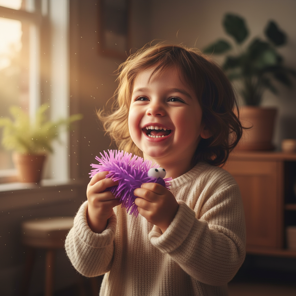 Child holding a purple Big Eye Puffer Caterpillar squeeze toy, smiling with delight, golden hour warm light, no glow effects