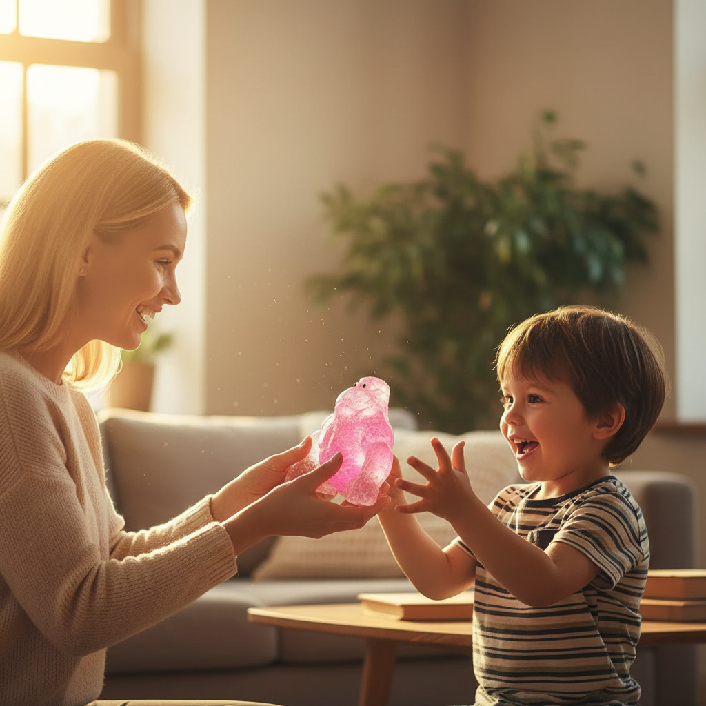 Smiling mum handing a pink Stretch and Squeeze Gorilla Gel Toy to her excited young son in a warm golden hour living room