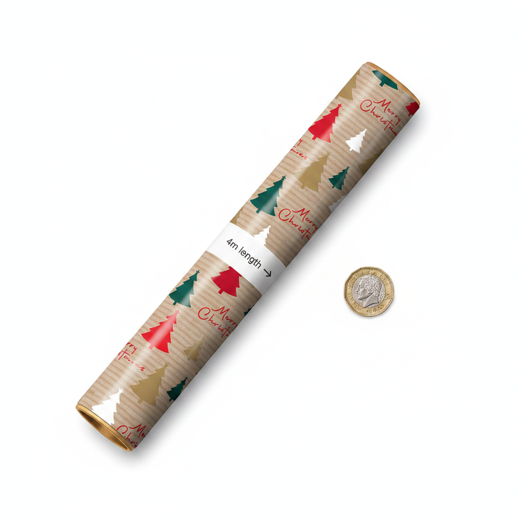 North Pole Christmas Wrapping Paper Roll 4m beside a UK £1 coin for scale reference