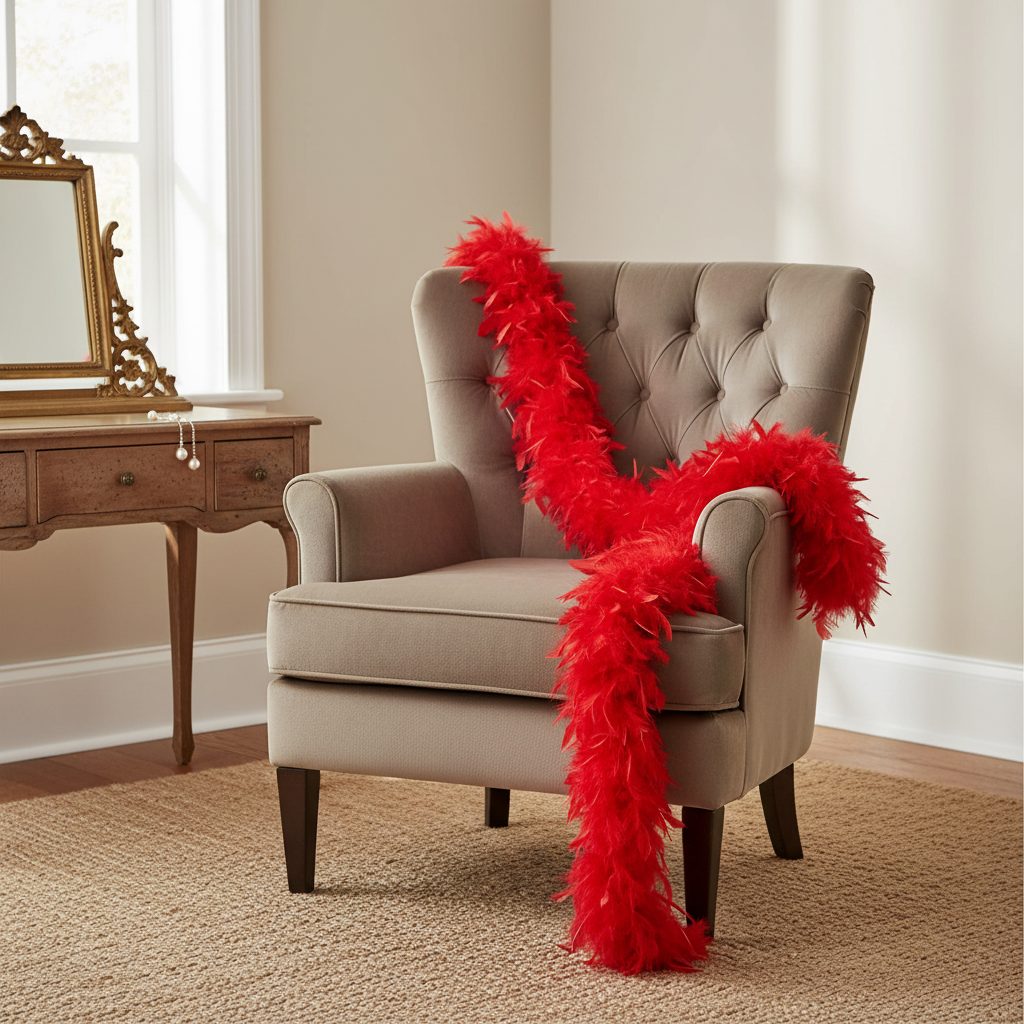 Vivid scarlet red feather boa draped over a vintage velvet chair in an elegant dressing room, natural window light
