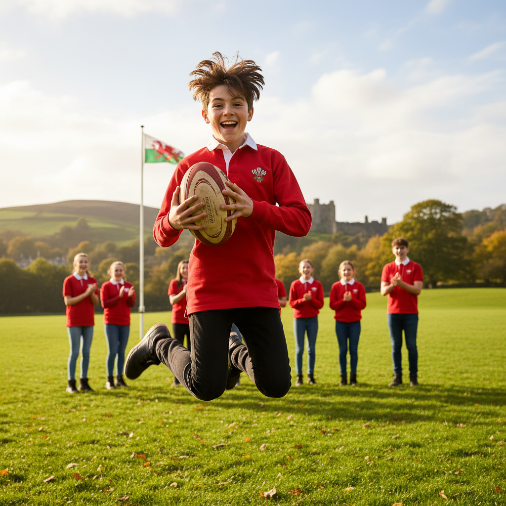Teenager in traditional Welsh rugby shirt playing outdoors