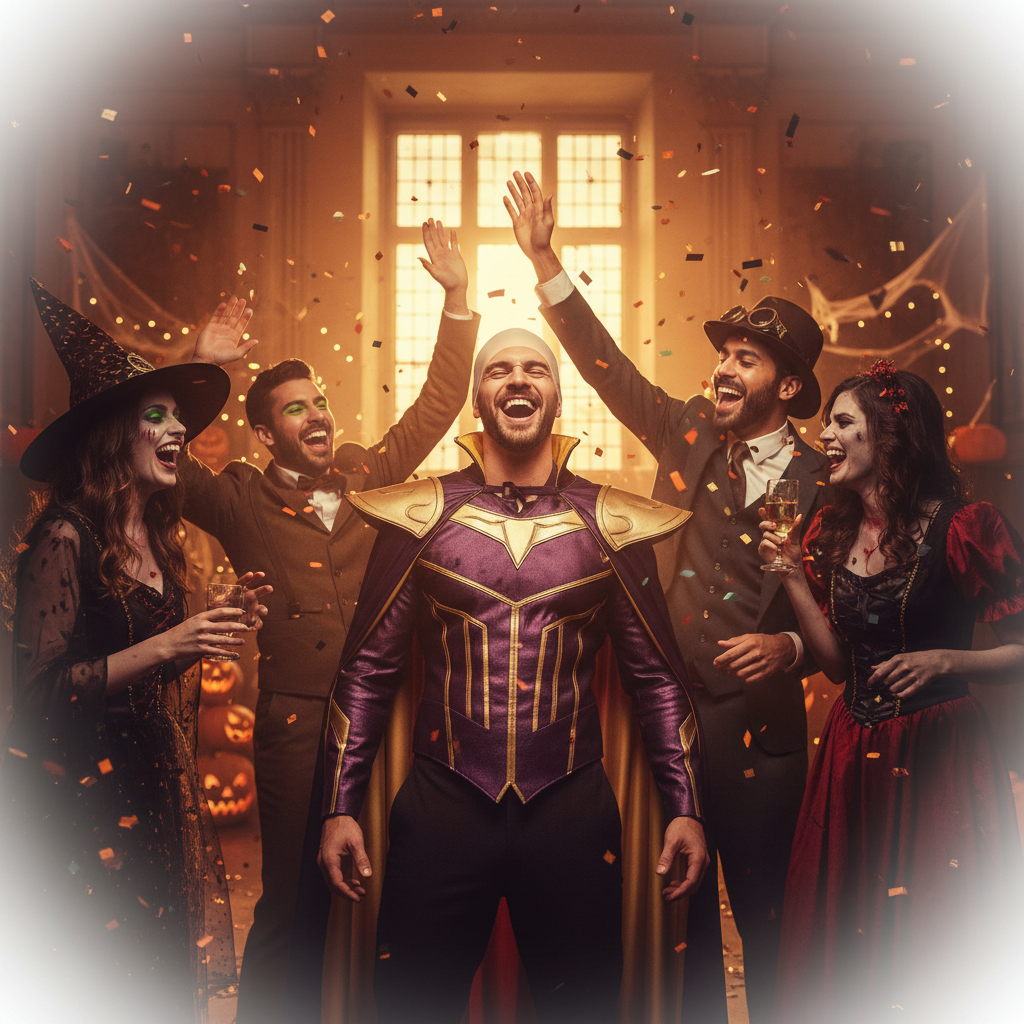 Adults at Halloween fancy dress party, person wearing beige latex bald cap laughing with friends, golden hour lighting