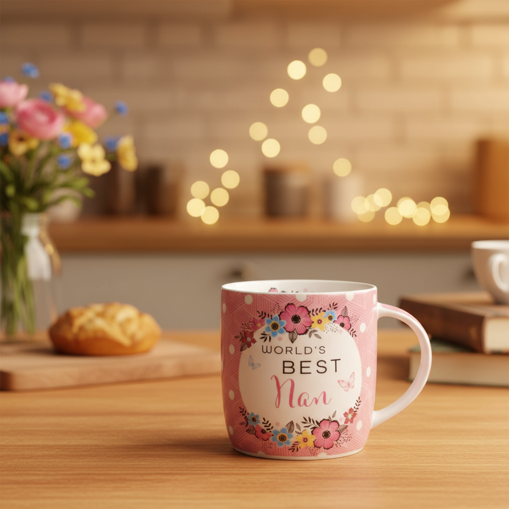 World's Best Nan 13.5oz gift mug on a warm kitchen table with flowers — perfect nan gift