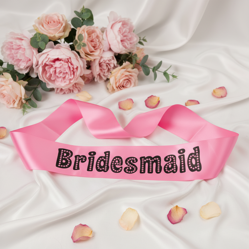 Alandra pink satin bridesmaid sash displayed on white silk fabric with blush rose petals and floral arrangement
