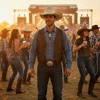 Man wearing cowboy boot bolo tie and western outfit at a golden hour country festival