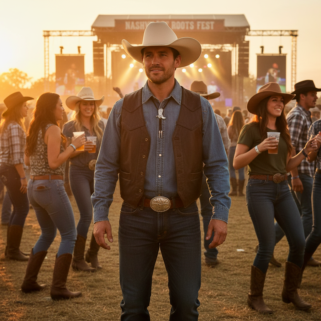 Man wearing cowboy boot bolo tie and western outfit at a golden hour country festival