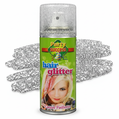 Party Success Silver Glitter Hair Spray 125ml on pure white background, Amazon and eBay compliant hero shot
