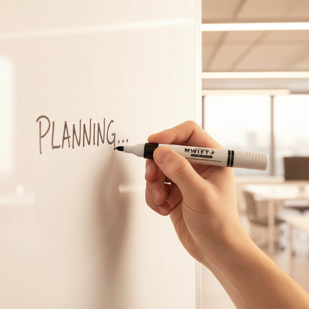 Candid shot of hand writing on whiteboard with Swift marker, 85mm bokeh background, warm colour grade