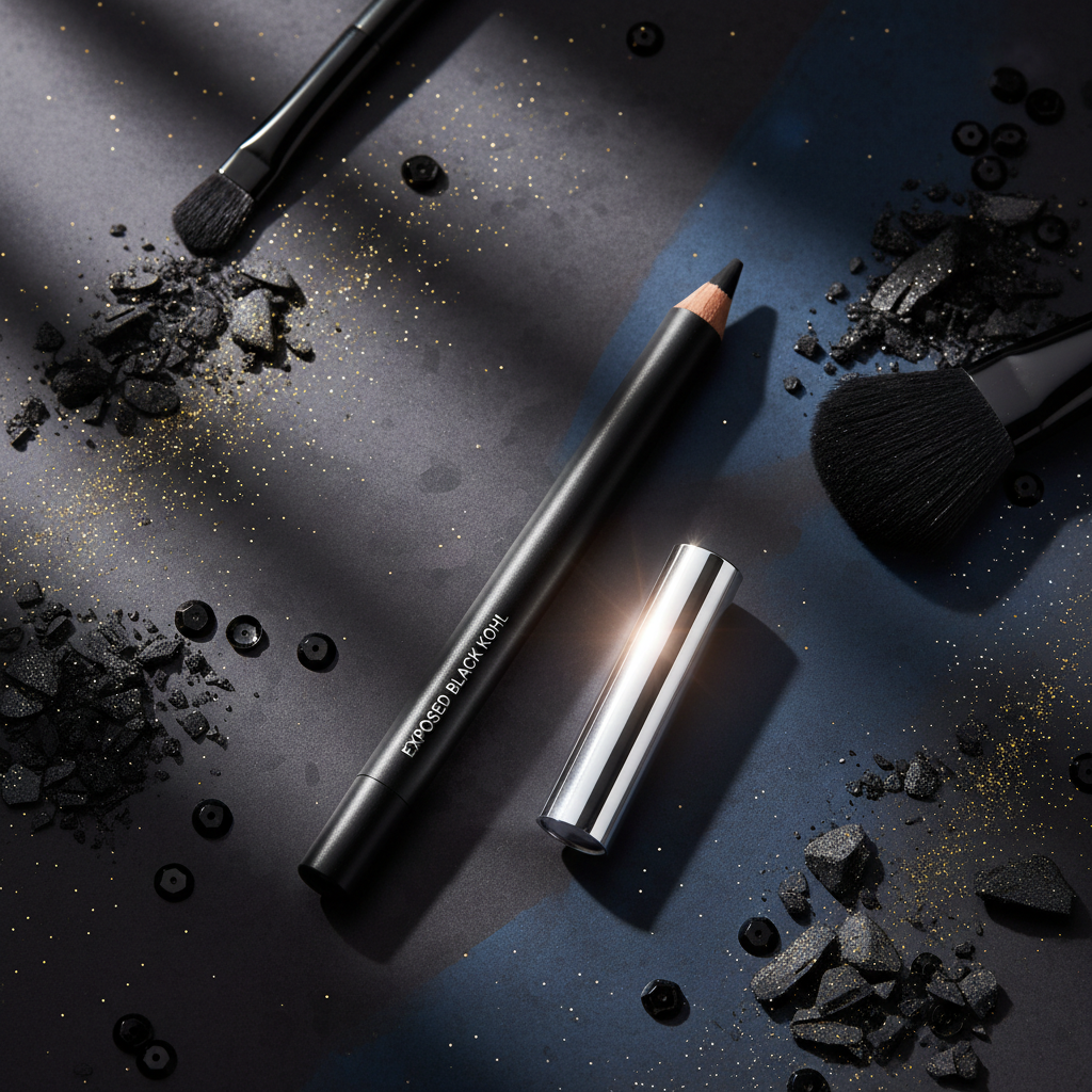 Exposed Black Kohl Eyeliner Pencil product shot with dramatic beauty background