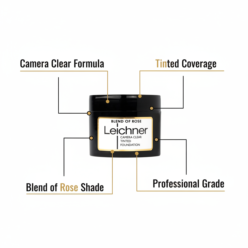Leichner Camera Clear Tinted Foundation feature infographic highlighting Camera Clear Formula, Tinted Coverage, Blend of Rose Shade, Professional Grade