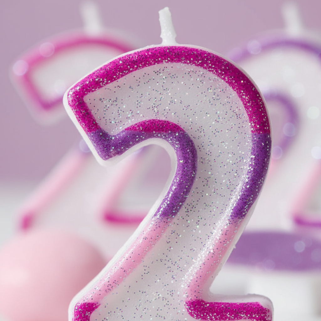 Extreme macro close-up of pink glitter border texture on number 2 birthday candle showing sparkle craftsmanship