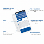 Tallon White DL Envelopes 25 Pack feature infographic showing key specs: 25 envelopes, DL size 220x110mm, peel & seal closure, 80gsm security printed