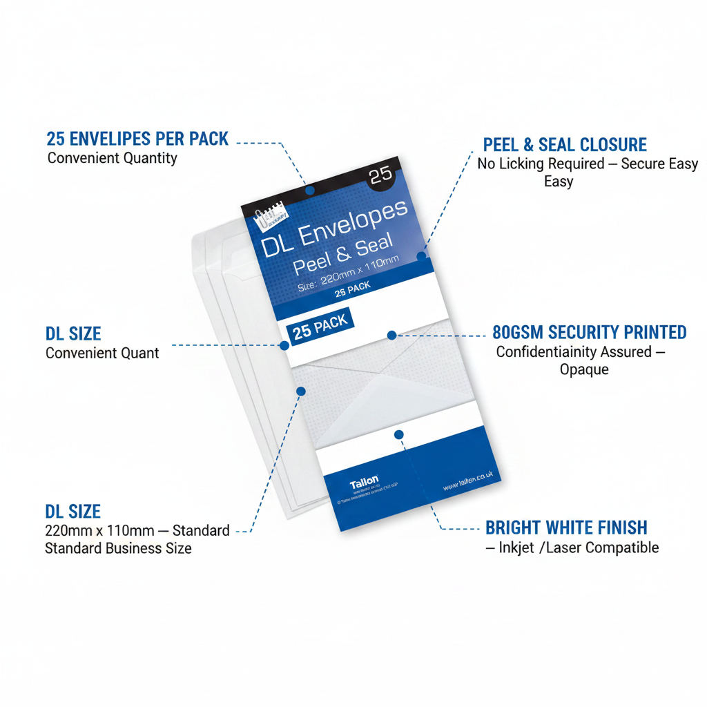 Tallon White DL Envelopes 25 Pack feature infographic showing key specs: 25 envelopes, DL size 220x110mm, peel & seal closure, 80gsm security printed
