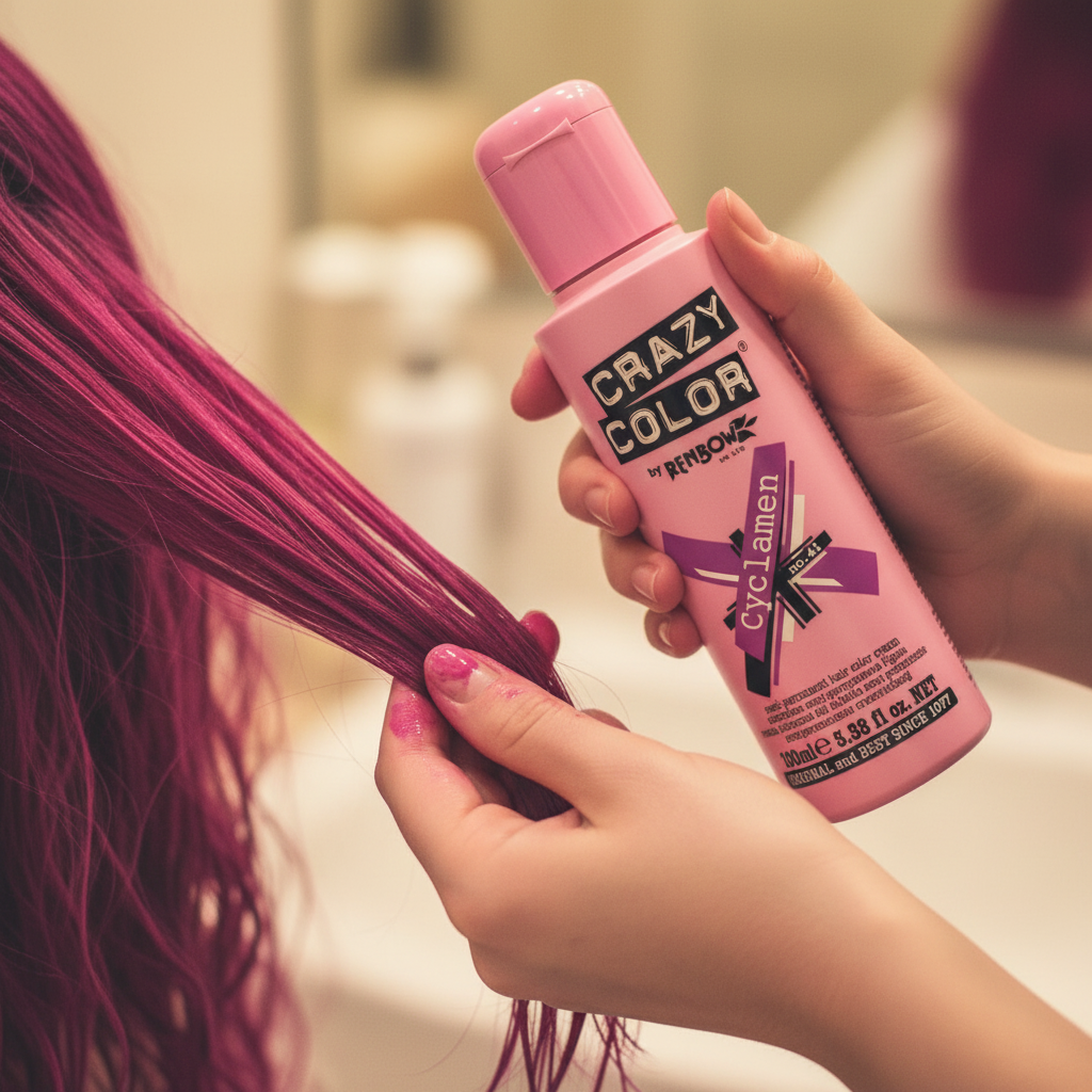Hands applying Crazy Color Cyclamen No.41 hair dye to magenta hair, candid at-home beauty moment