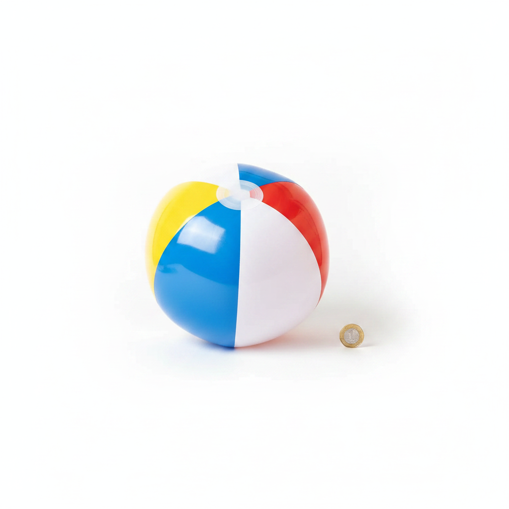 Inflatable Ball 18 Inch flat lay beside a £1 coin on white background to show 45cm scale