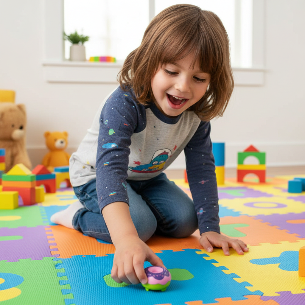 Child releasing pull back donut toy car on playroom floor