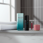 Milton Lloyd Me Too Homme EDT bottle and box on modern bathroom shelf with natural window light