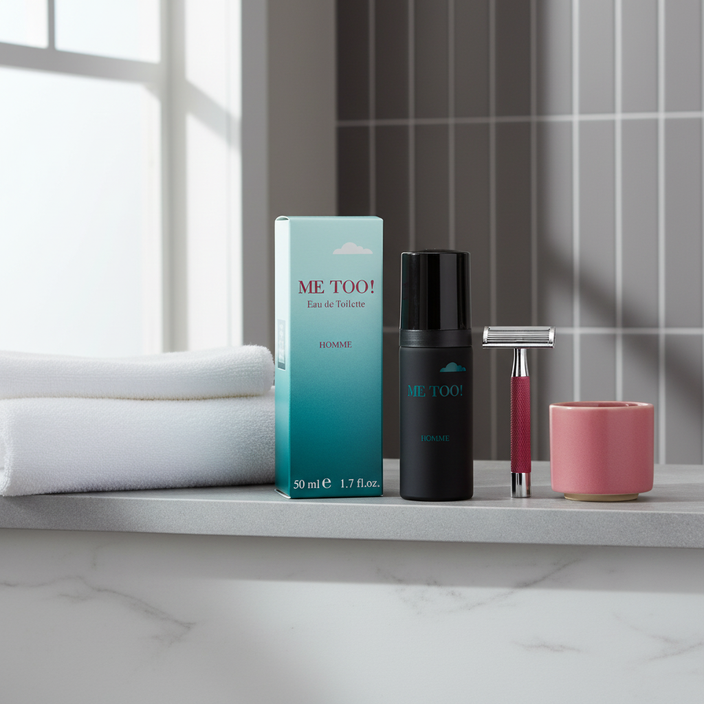 Milton Lloyd Me Too Homme EDT bottle and box on modern bathroom shelf with natural window light