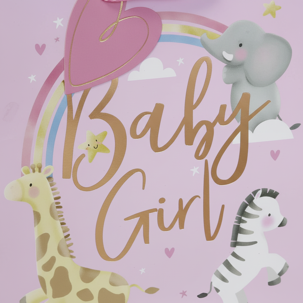 Close-up of gold foil Baby Girl lettering and safari animals on pink gift bag