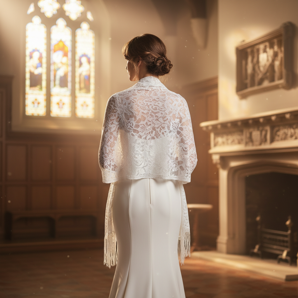 Bride wearing white lace pashmina shawl on her wedding day in a beautiful church setting