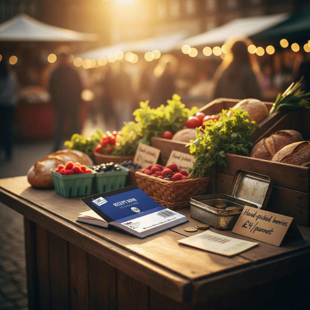 Just Stationery Receipt Book open on a market trader stall at golden hour, warm cinematic light