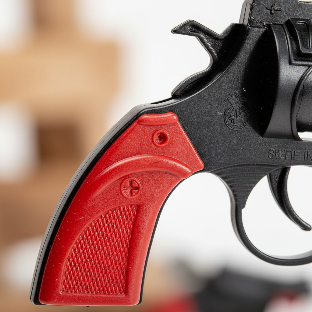 Close-up macro detail of 8-Shot Cap Gun red grip and matte black body texture
