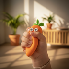 Child squeezing Crazy Squeezy Carrot squishy toy in warm golden hour light