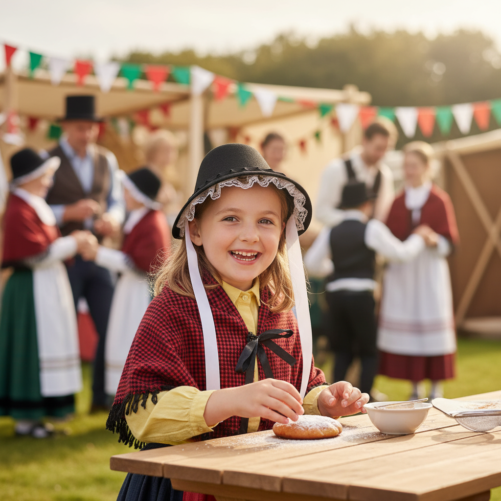 Young girl wearing Welsh cockle-shell bonnet at cultural festival celebration, St David's Day event
