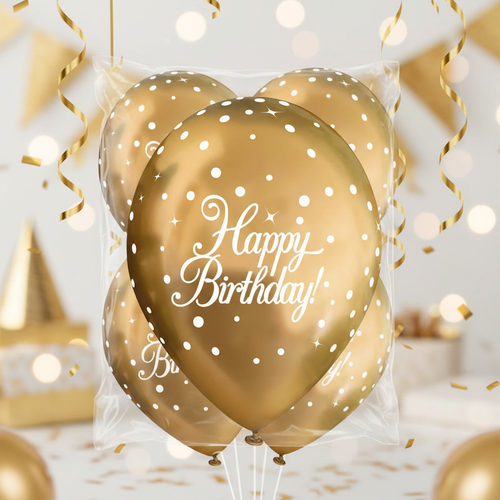 11 inch gold sparkling fizz Happy Birthday latex balloons pack of 6 with enhanced metallic shimmer against elegant party background