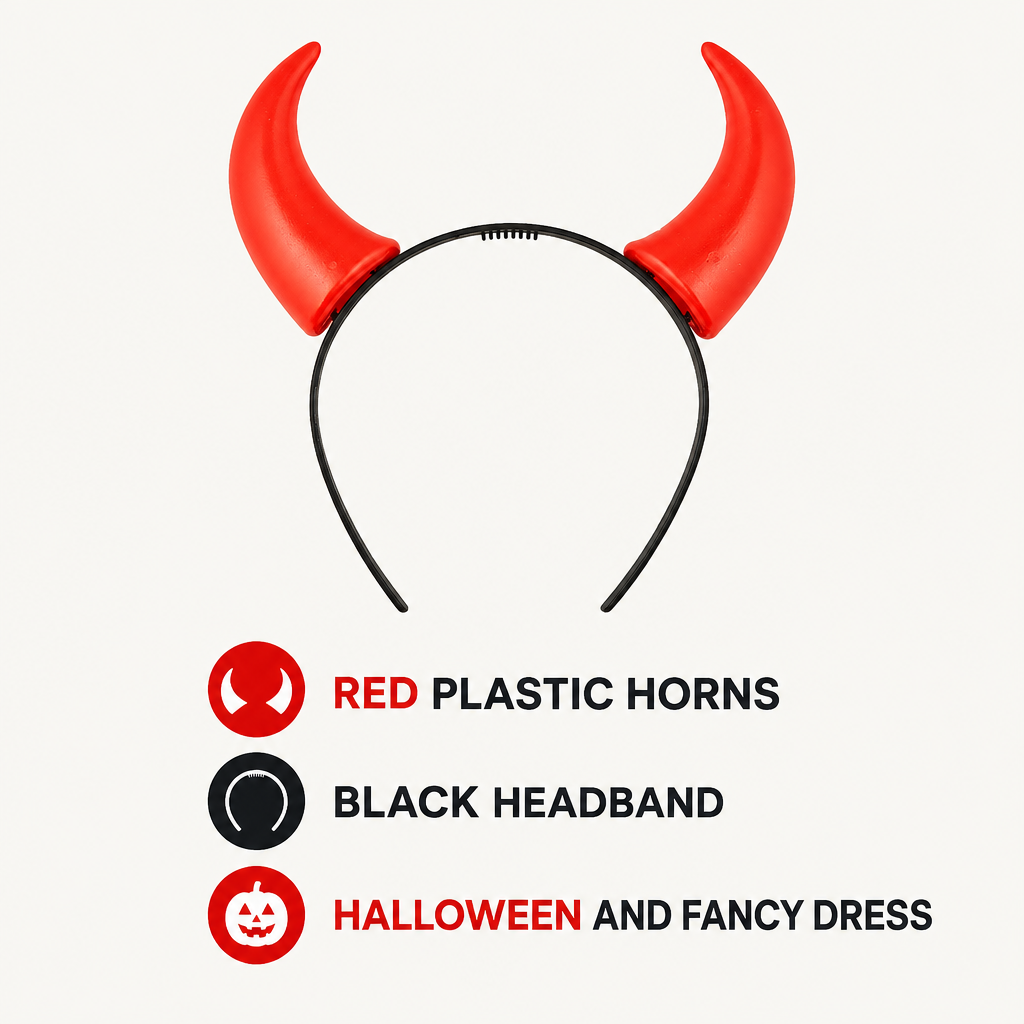 Red plastic devil horns on a black headband with Halloween and fancy-dress feature labels.