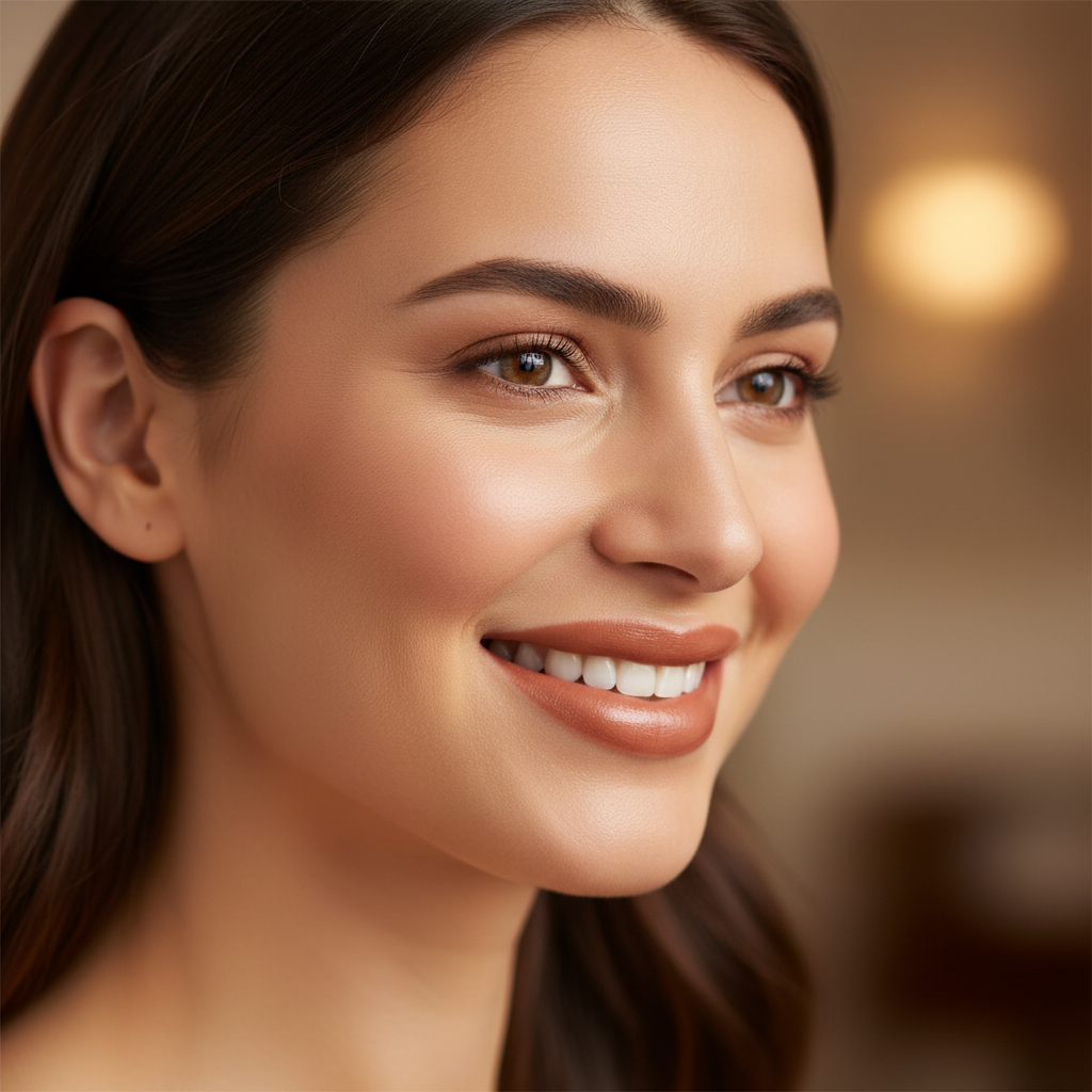 Woman with beautifully applied Laval Caramel Kiss 17 warm nude lips smiling sophisticatedly
