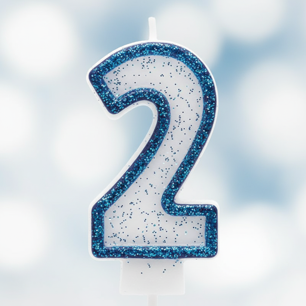 Extreme macro close-up of Blue Number 2 Candle showing royal blue glitter border texture and craftsmanship - Why Not Shop