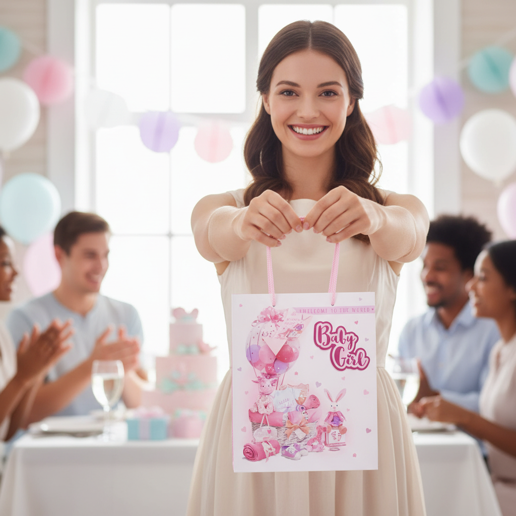 Woman holding pink baby girl gift bag at baby shower celebration