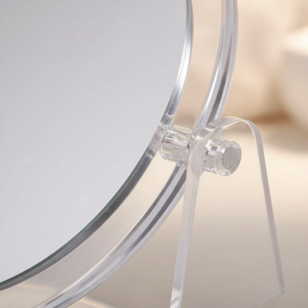 Extreme Close-Up Macro Detail of Clear Acrylic Frame on Double Sided Mirror With Stand
