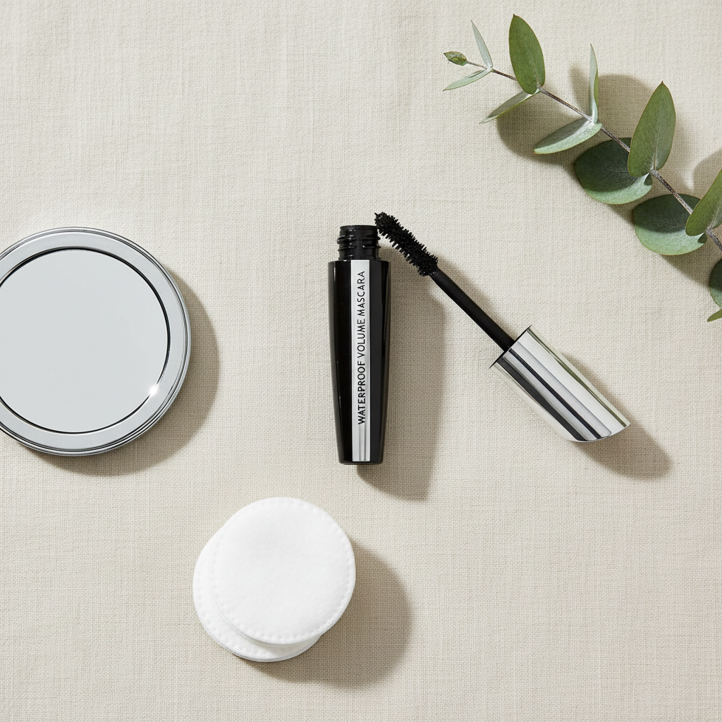 Lilyz Waterproof Volume Mascara Black in a natural beauty flat lay with mirror and cotton pads