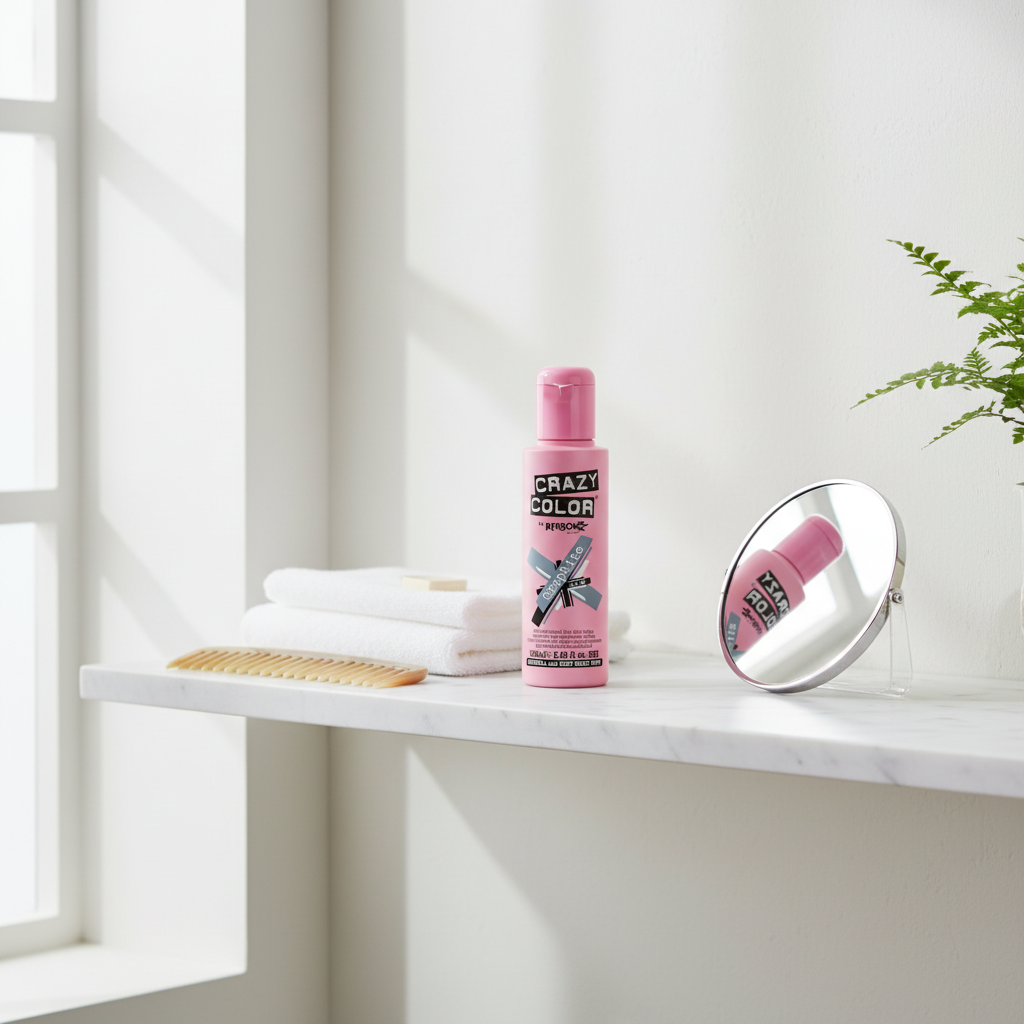 Crazy Color Graphite hair dye bottle styled on a modern bathroom shelf with mirror and white towel