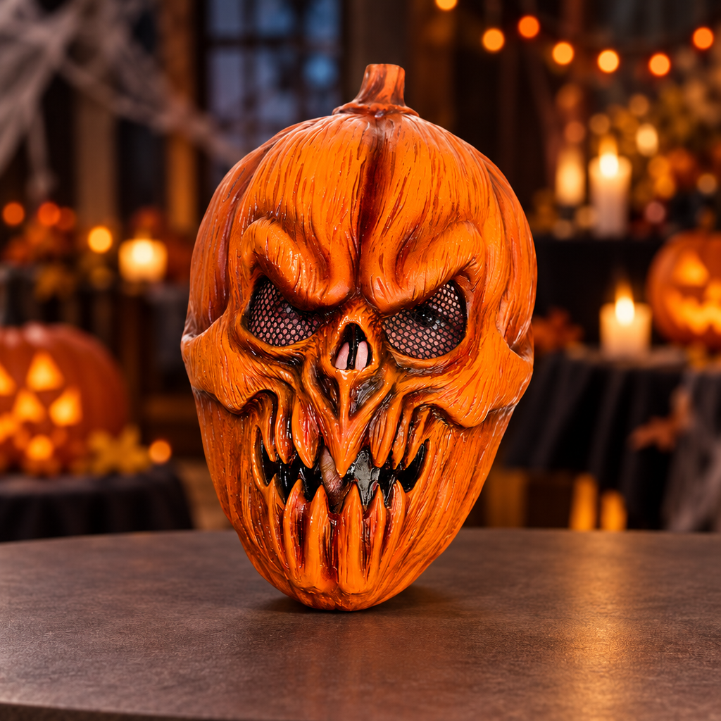 Orange killer pumpkin mask displayed on a table in a Halloween party setting