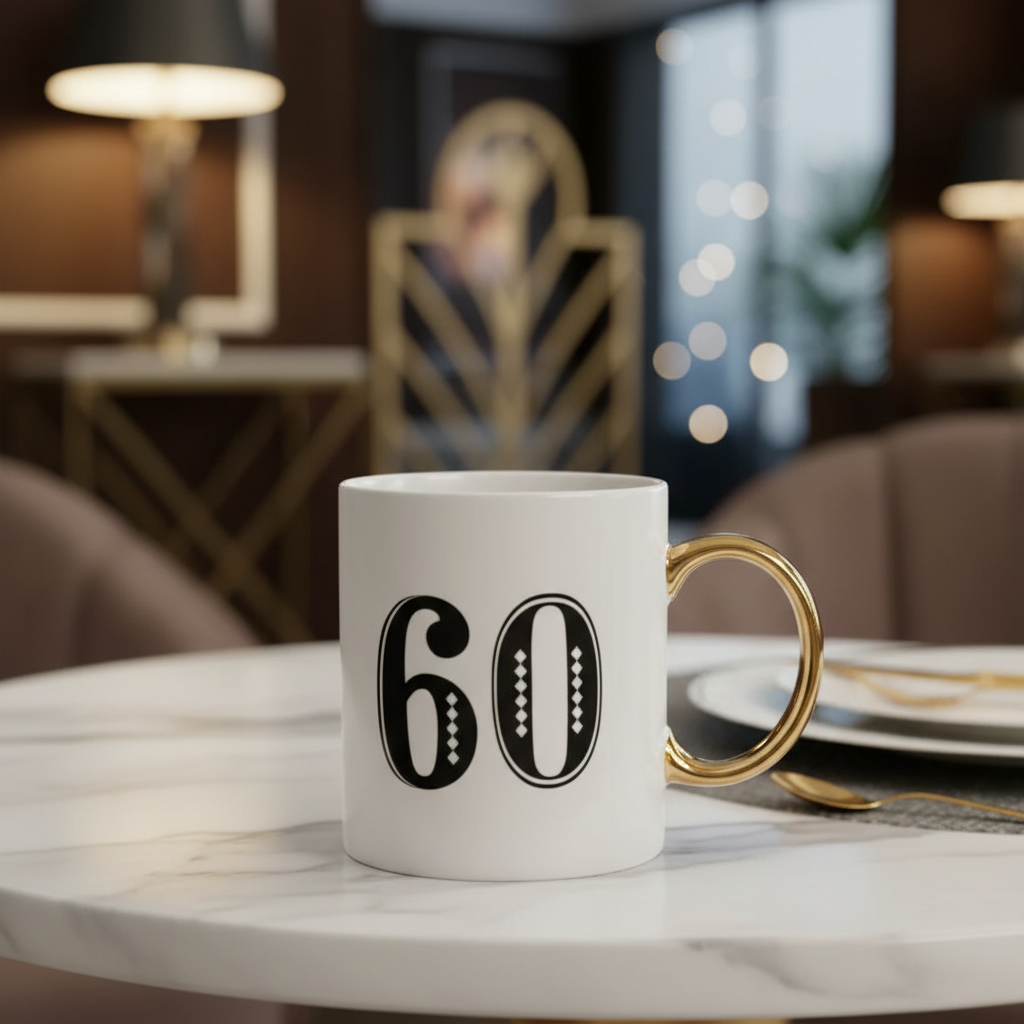Art Deco Age 60 gift mug in white blue and gold with elegant gift box presentation on marble surface