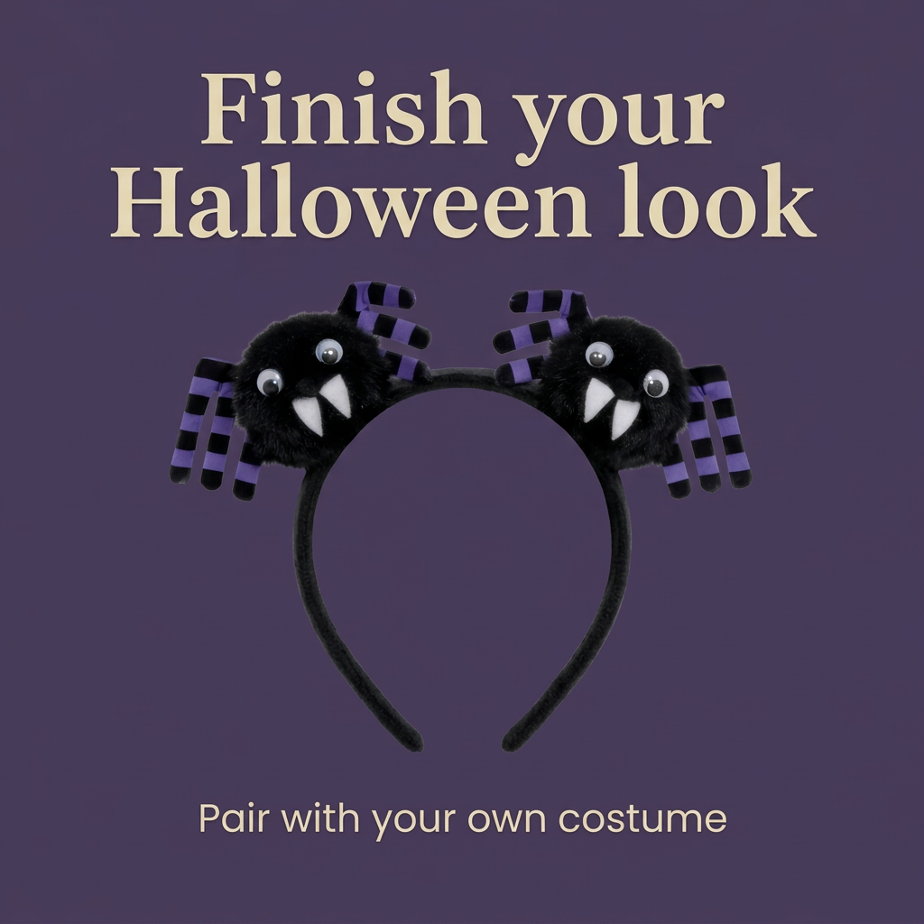 Twin spider headband on dark purple with Halloween outfit styling text