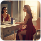 Aspirational lifestyle scene with Taylor of London Chique perfume, golden hour light, elegant woman getting ready