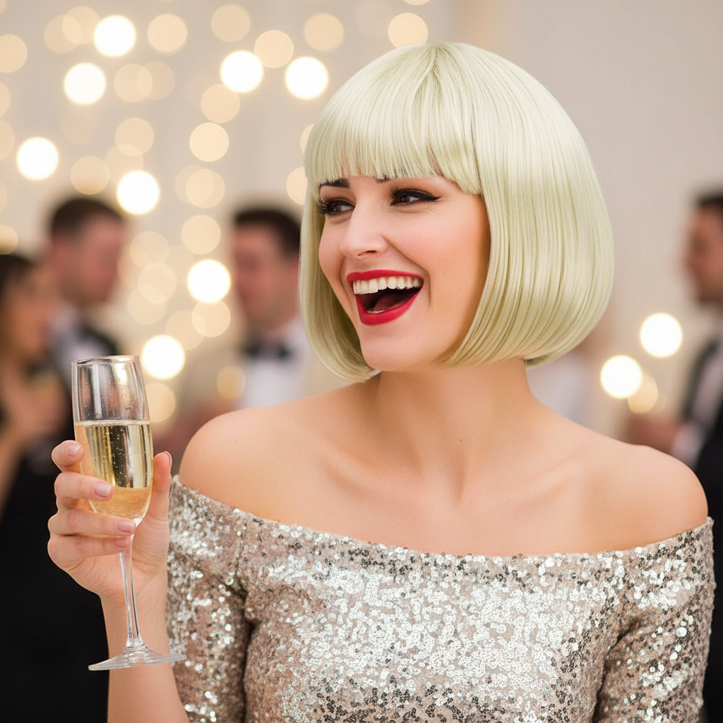 Confident woman wearing sleek glossy blonde bob wig at a glamorous party — bold diva style