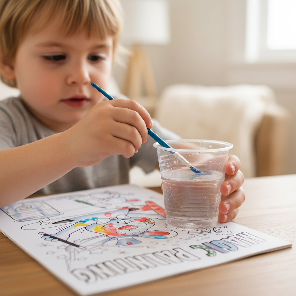 Close-up of child's hands using a paintbrush with water on an open Magic Painting Book page revealing hidden colours