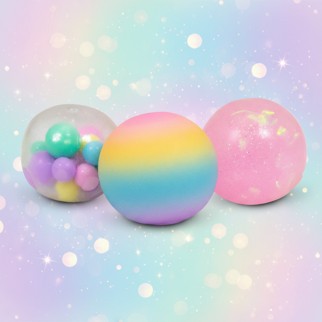 Scrunchems Unicorn 3 pack squish balls - clear with pastel mini balls, rainbow gradient ombre and pink glitter on dreamy unicorn background