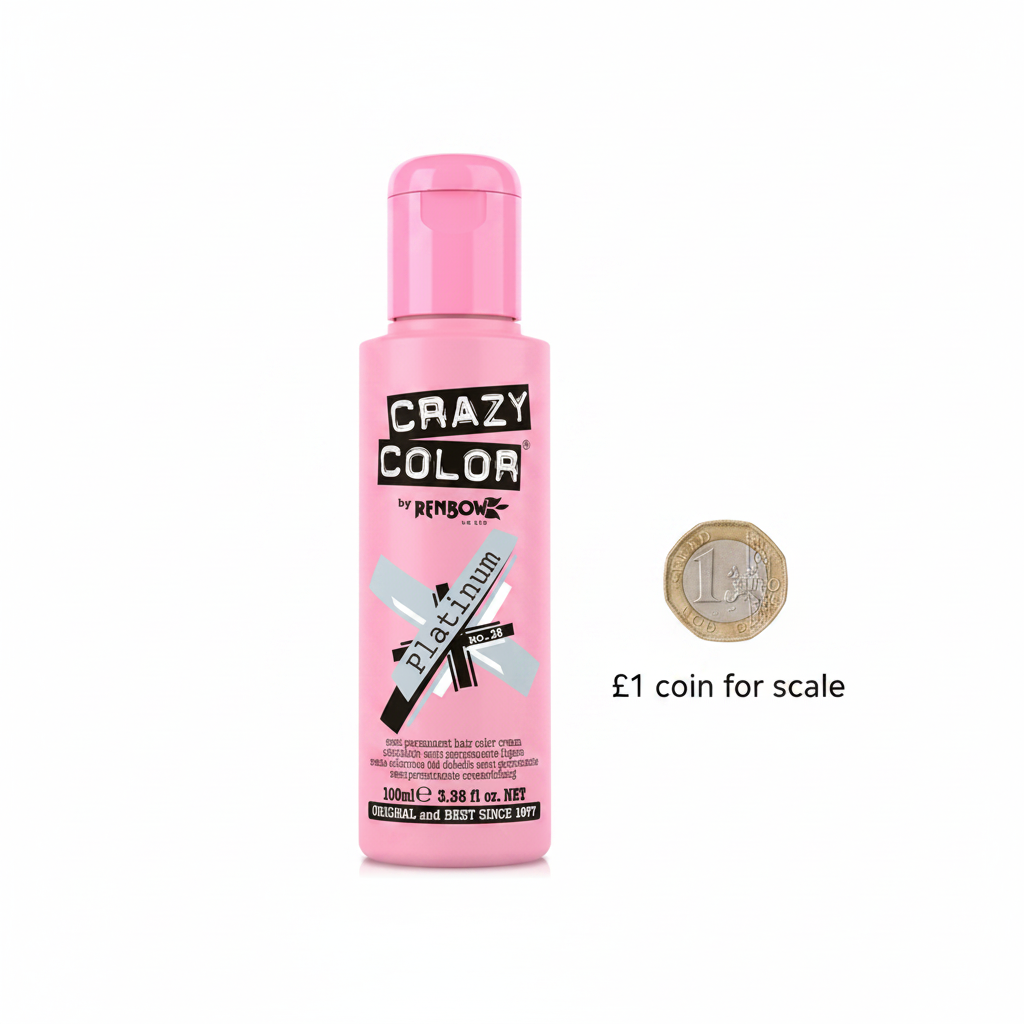 Crazy Color Platinum No.28 100ml bottle beside a £1 coin on white background to show product size