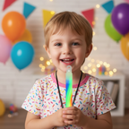 Child holding a neon glow stick on lanyard at a birthday party - Why Not Shop