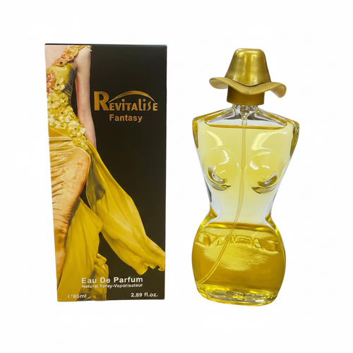 Fine Perfumery Revitalise Fantasy EDP 85ml amber gold torso bottle and black box on white background, studio hero shot