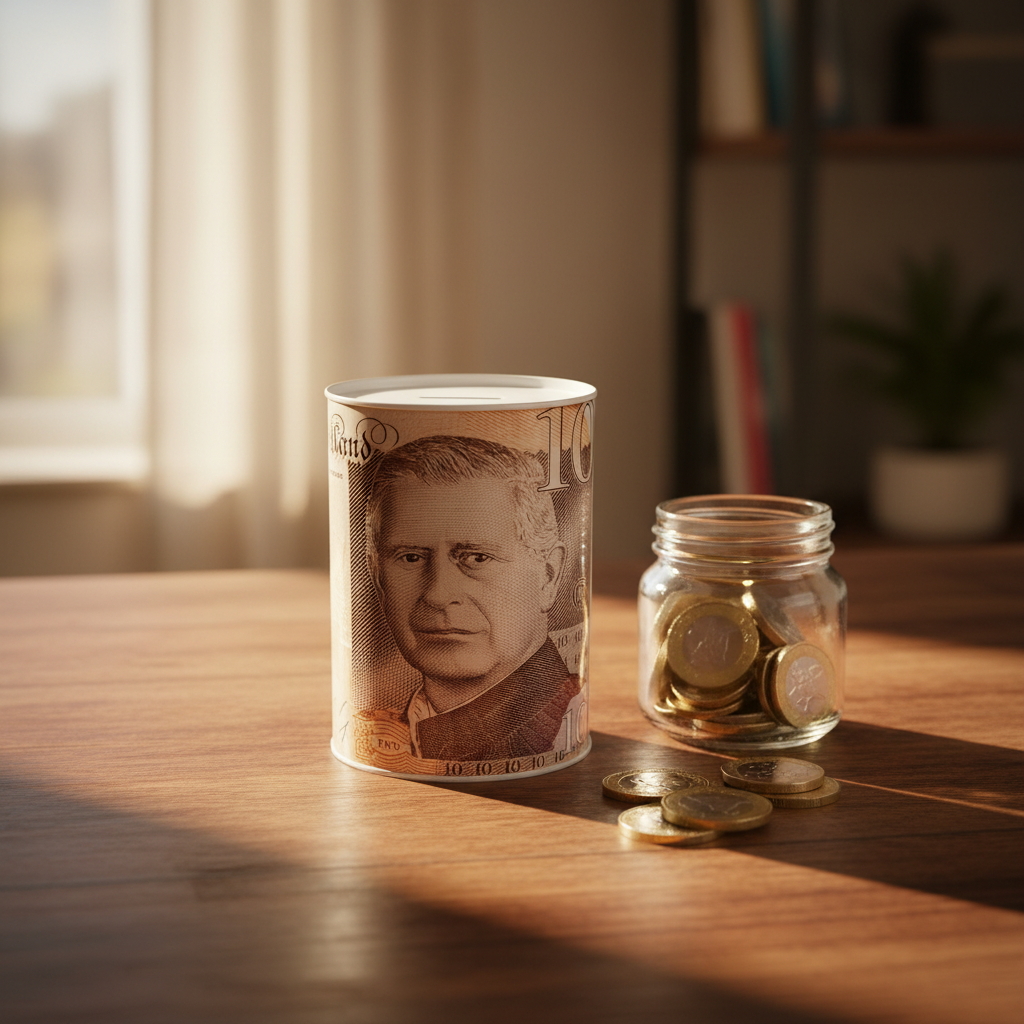 King Charles banknote saving tin on wooden surface with British coins golden hour light cosy home saving money gift idea