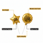 Gold birthday candles feature callouts: 6cm height, metallic finish, assorted designs