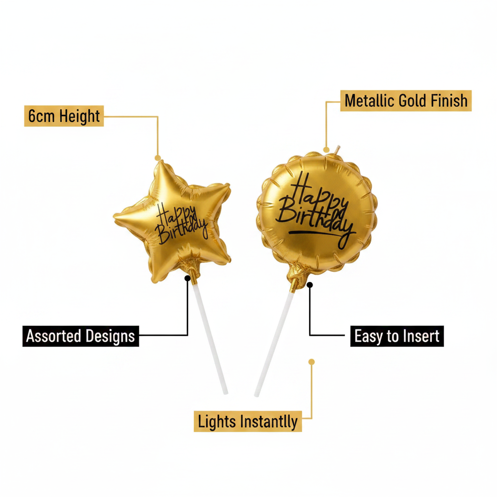 Gold birthday candles feature callouts: 6cm height, metallic finish, assorted designs