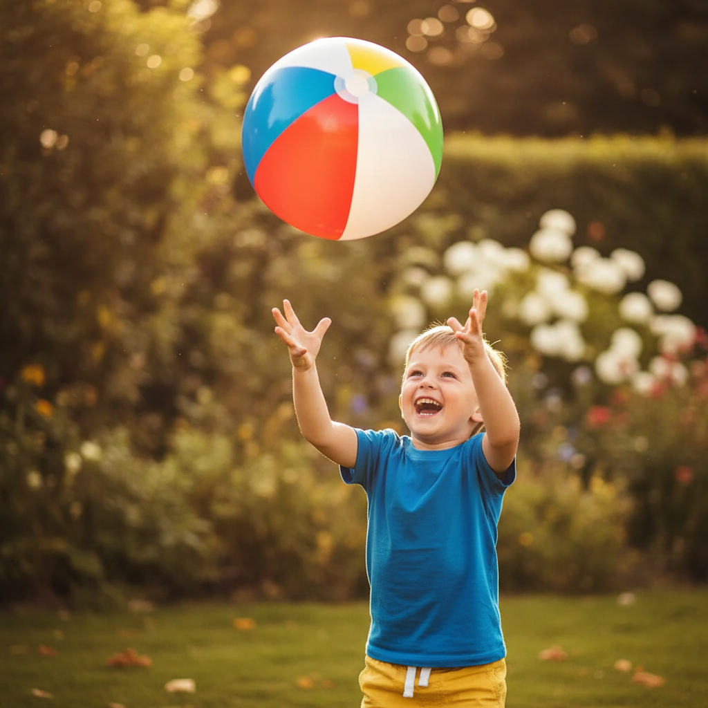 Child playing with Inflatable Ball 18 Inch in a sunny garden, candid outdoor fun